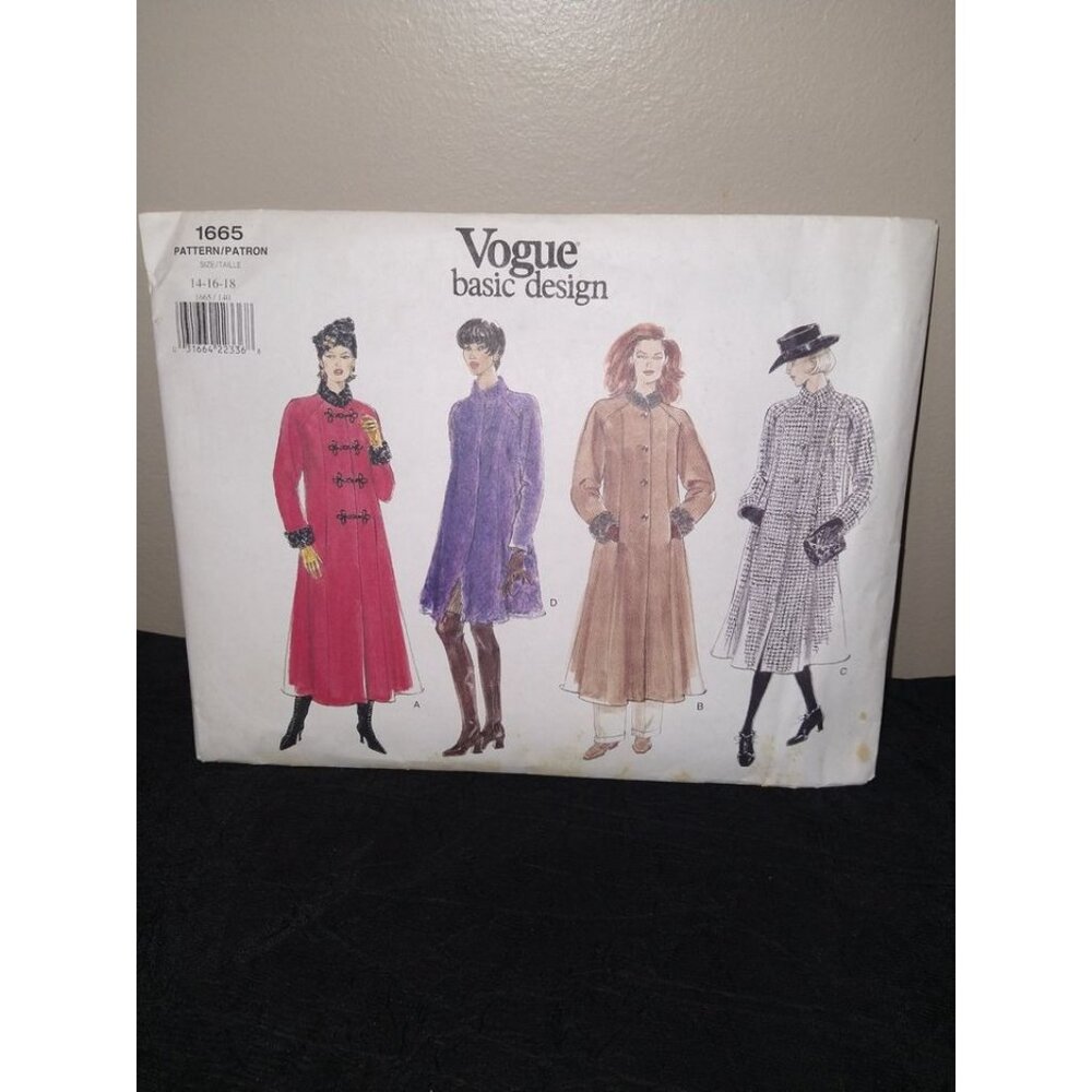 Vintage Vogue 1665 Coat Sewing Pattern, FF & Uncut! Size 14 16 18